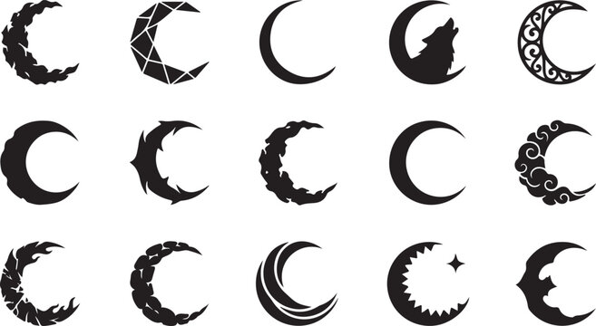 Collection of moon phases and crescent moon symbols icon set.