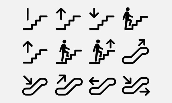 Stairs icon set, climb up and down stairs with directional arrows, staircase sign, escalator symbol