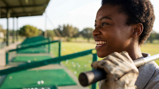 young golfer smiling range golf course sport beginner portrait learning relaxed beginner portrait near practice bays highlights optimism learning and access to sport for inclusive marketing youth