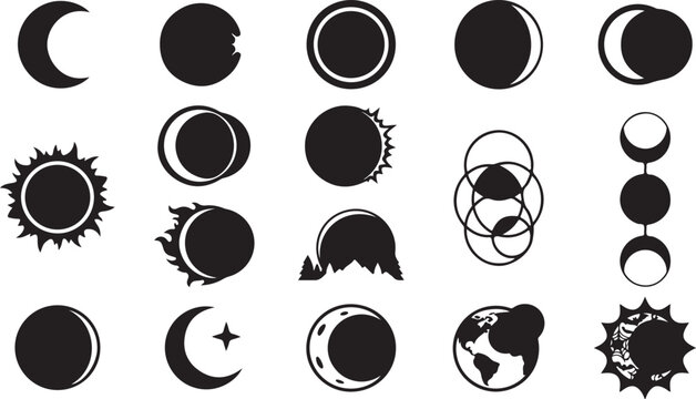 Set of various moon phase planet earth and sun celestial cycle vector designs.