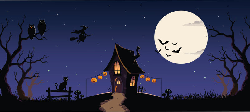 Halloween vector illustration set haunted house witch and black cat