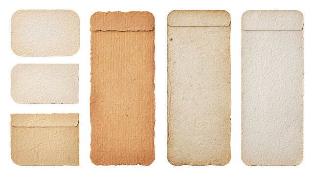 Vintage paper tabs set with aged textures and clean edges, isolated on transparent background