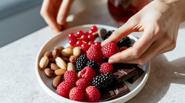 Hands arranging fresh berries, nuts and dark chocolate on white plate, longevity brain health snack, wellness nutrition, healthy antioxidant breakfast, closeup natural light.