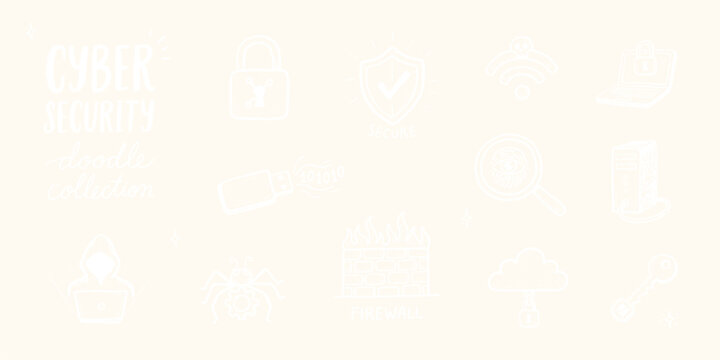 Cyber security doodle collection featuring white line of locks, shields, firewalls, and digital threats on light background