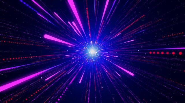 Vibrant purple and blue light streaks explode from a central burst. Dramatic motion suggests high-speed travel through cosmic space. Futuristic energy pulses radiate outward in hypnotic pattern