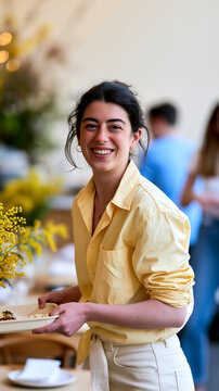 Smiling woman serving food dish at outdoor spring gathering with yellow flowers. Happy hostess carrying plate during festive celebration, warm hospitality moment with natural bokeh background.