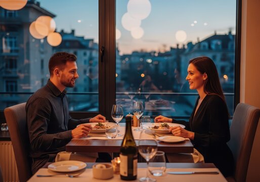 Couple enjoying a romantic dinner date at a restaurant with a city view through the window at twilight