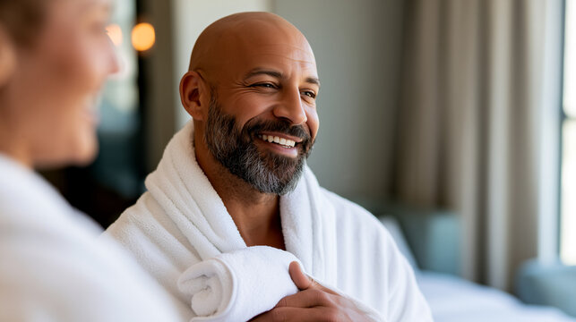 Smiling bald man in white bathrobe holding towel at spa hotel resort. Happy bearded male enjoying relaxation wellness retreat, genuine contentment during spa day with soft warm lighting.
