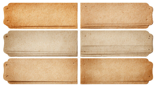 Vintage paper tabs set with aged textures and clean edges, isolated on transparent background