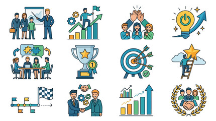 Fototapeta premium Minimalist Business Success Icons Colorful Illustrations of Teamwork Growth Strategy and Achievement