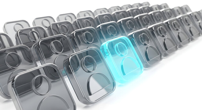 One bright blue user profile icon among grey icons with highlight leadership selection business management identity candidate employee communication recruitment standout different customer