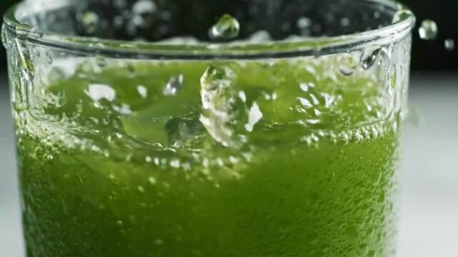 Refreshing Green Juice with Ice Cubes in Glass.