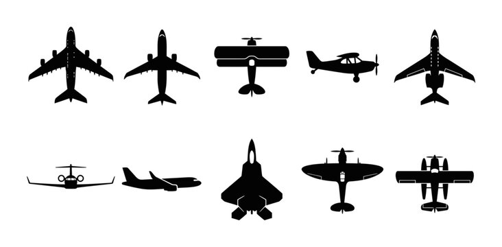 Set of Ten Airplane Silhouette Icons Featuring Commercial Jets Military Aircraft and Vintage Propeller Planes