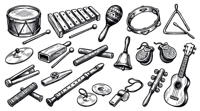 Various hand-drawn musical instruments, including drums, maracas, and a ukulele, arranged on a clean white background in a detailed sketch style