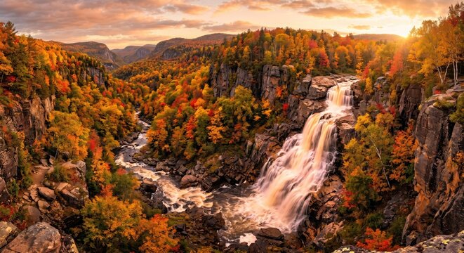 Waterfall in autumn forest landscape with rocky cliff
