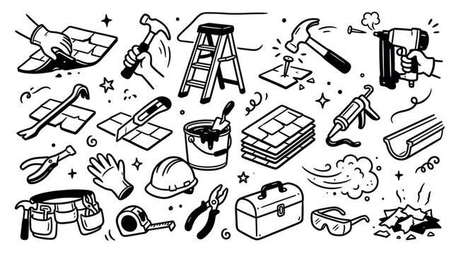 Various black and white construction and roofing tools are scattered across a clean white background in a doodle style