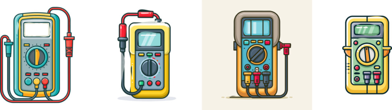 A vibrant flat vector icon of a digital multimeter electrical testing tool features bright colors, modern UI style, clean lines, and is isolated on a pure white background