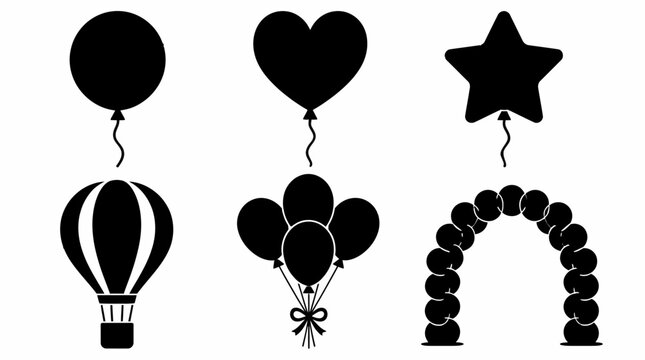 Black balloon silhouette set with heart, star, and arch shapes, celebration icons.