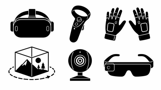 VR and AR hardware icon set with headset and gloves, metaverse technology
