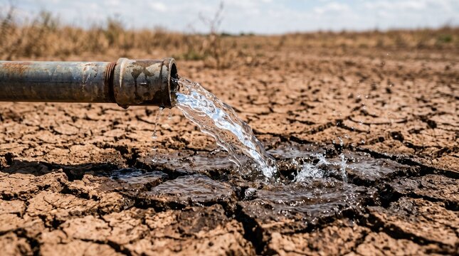 Water pipe pouring clear water onto dry cracked earth soil