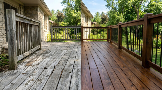 Before and After Deck Restoration and Wood Staining | Home Improvement Renovation Comparison | Weathered Old Patio vs New Stained Decking | Professional Outdoor Maintenance and Backyard Makeover