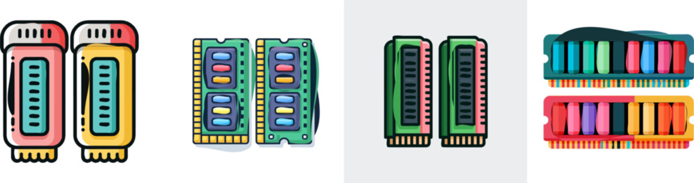 A vibrant flat vector icon of two colorful computer RAM sticks stands out against a pristine white background, showcasing modern UI aesthetics with clean lines and bright hues