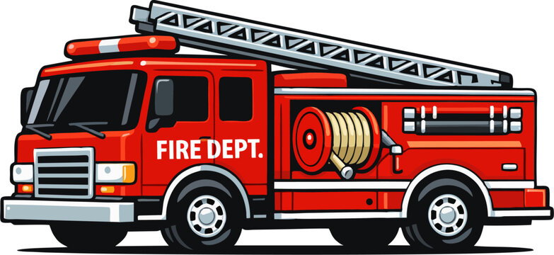 Classic Red Fire Department Truck with Aerial Ladder and Fire Hose Reel Side Perspective View Cartoon Vector Illustration