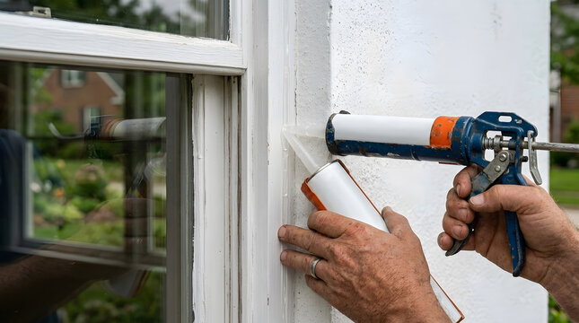 Applying silicone sealant with caulking gun | Exterior window maintenance and home repair | Waterproofing window frame for energy efficiency | DIY house renovation | Weatherproofing | Construction