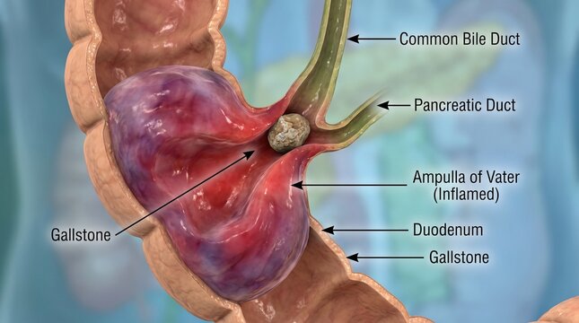 Clinical Illustration of Inflamed Ampulla of Vater with Obstructing Gallstone