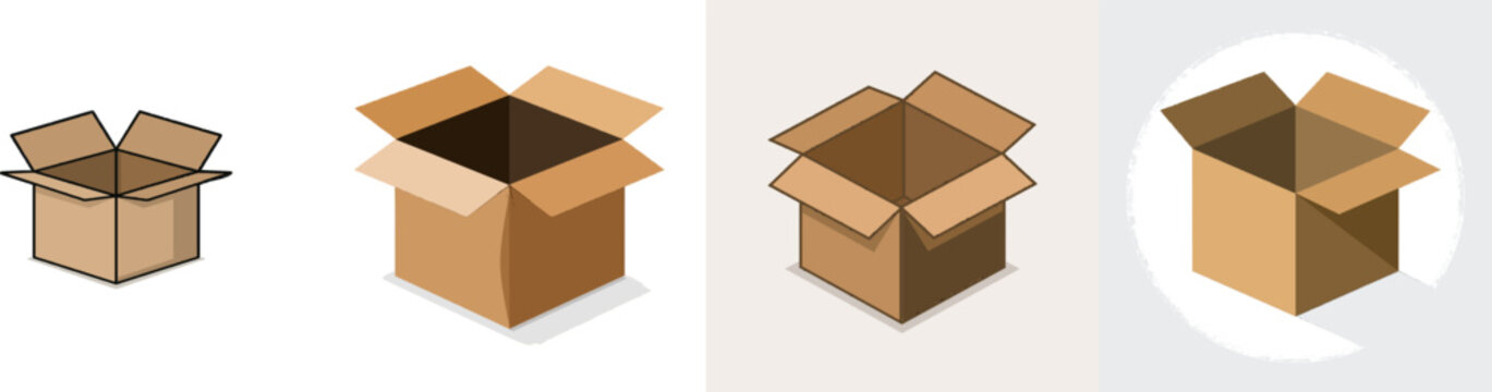 A minimalist flat vector icon of an open cardboard box reveals empty space inside against a white background, with solid colors and clear outlines