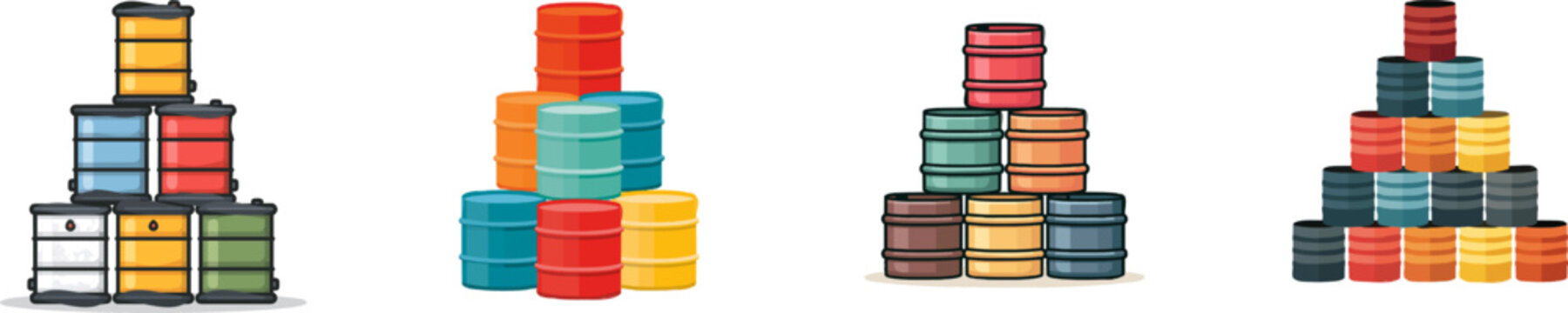 A vibrant flat vector icon depicts a neatly stacked pyramid of oil barrels in various bright colors, rendered with clean lines against a pristine white backdrop