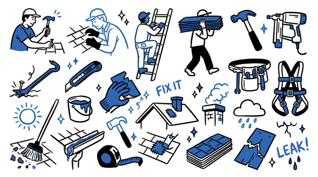 Various hand-drawn blue and black roofing tools and workers are depicted in a doodle style on a white background