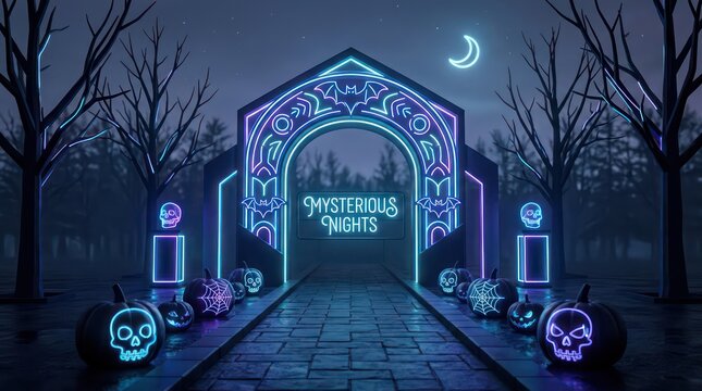 Mysterious Nights Neon Halloween Archway with Glowing Pumpkins and Skulls in a Spooky Dark Forest