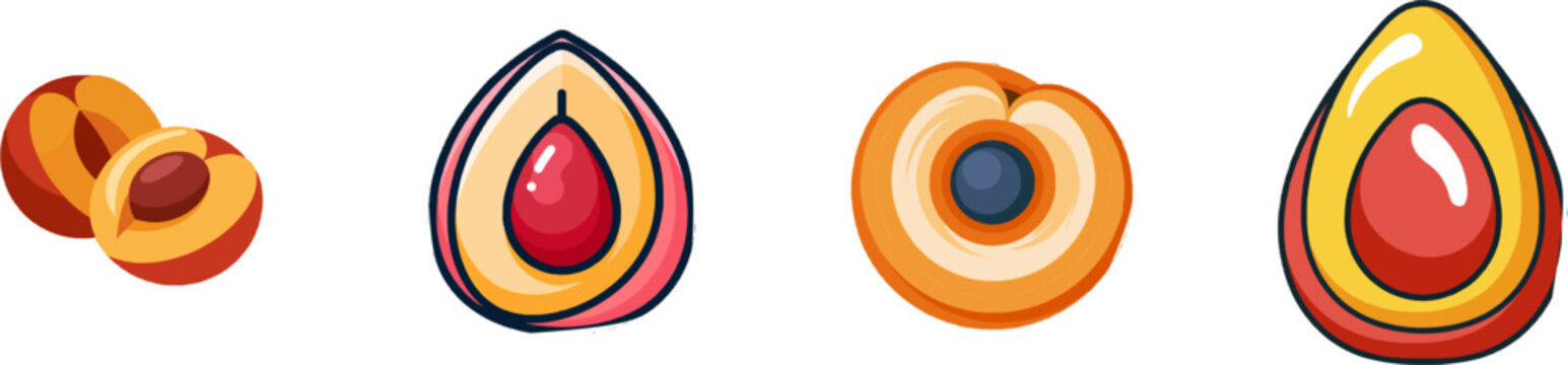 A vibrant, flat vector icon of a peach cut in half showcases its bright colors and modern UI style against a clean, white background