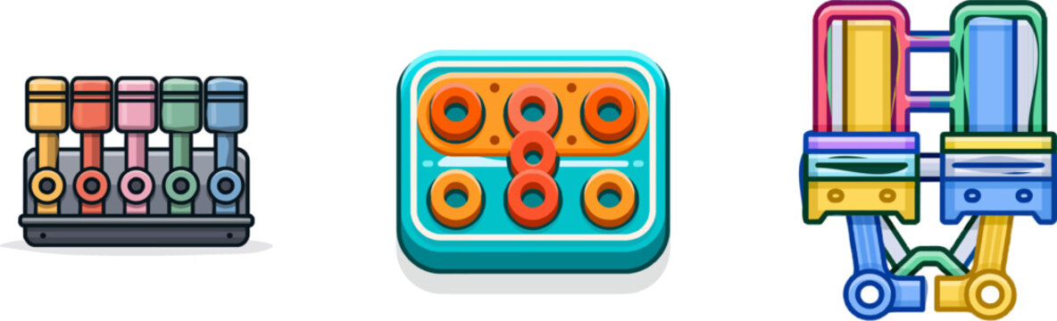 A vibrant flat vector icon of a V8 engine block features bright colors and sleek design elements, set against a clean white background for modern UI aesthetics