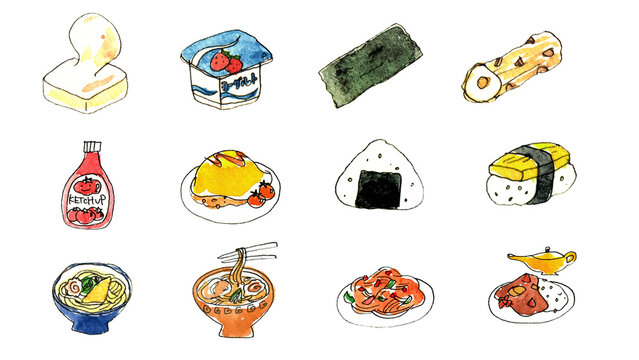 おにぎりやラーメンなど美味しい料理の手描き鉛筆水彩イラストセット
 Delicious food dishes including onigiri and ramen hand-drawn pencil watercolor illustration set