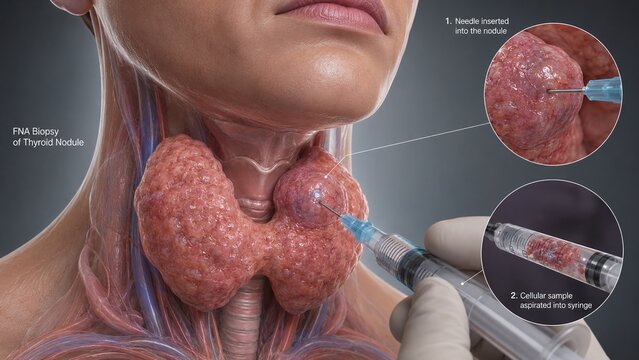 3D Medical Illustration of Thyroid Nodule Fine Needle Aspiration (FNA) Biopsy Procedure