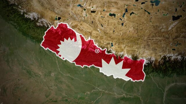Nepal Country Map with National Flag Overlay on Satellite Earth Background