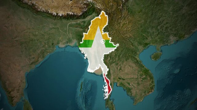 Myanmar National Flag Map on Satellite Earth Background