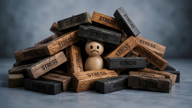 Sad wooden figure buried underneath a large pile of stress blocks, symbolizing work burnout, mental exhaustion, and overwhelming emotional burden