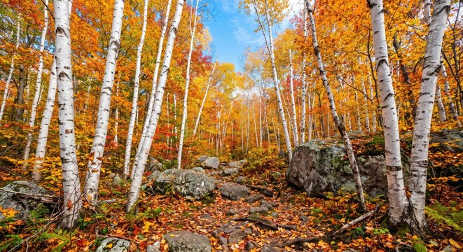 Autumn forest landscape with birch trees and colorful foliage