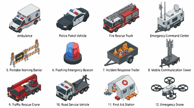 Collection of emergency and rescue vehicles and equipment.