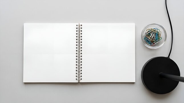 Top down studio view of an open blank square spiral notebook with paperclips and desk lamp base