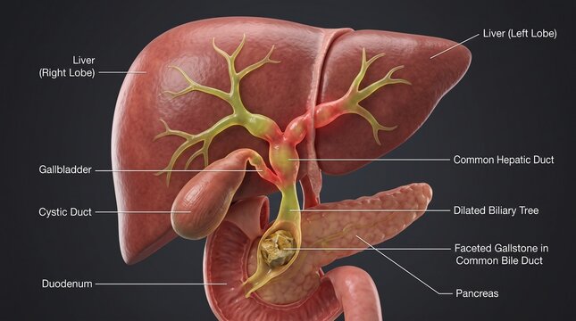 Labeled Anatomical Diagram of Gallstone Obstruction in the Biliary System