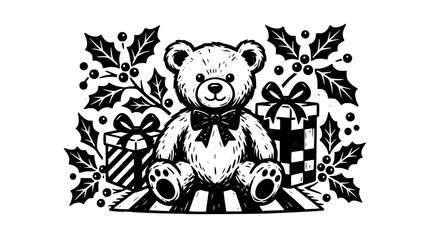 Fototapeta premium Black and white teddy bear illustration with holiday gifts