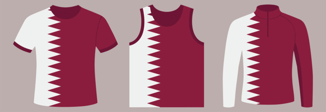 Qatar flag sportswear collection. Qatar flag themed shirts for sports and fan apparel