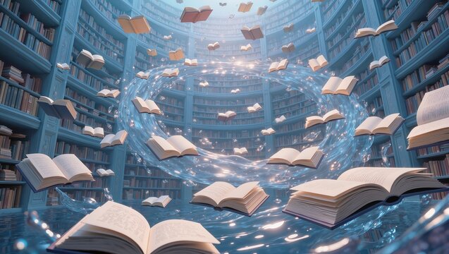 Surreal library interior with floating open books in a circular rotunda