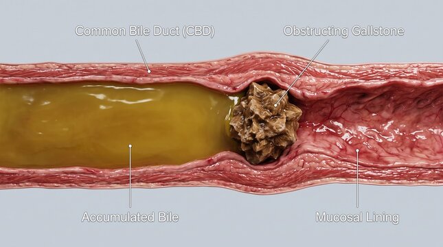 Labeled Longitudinal Section of CBD with Obstructing Gallstone