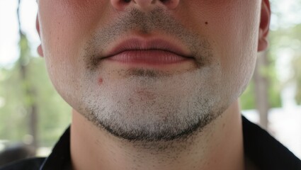 Fototapeta premium Macro close-up of a man's lower face with stubble