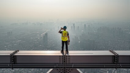 Plakat Person standing on the edge of a skyscraper looking at the city skyline